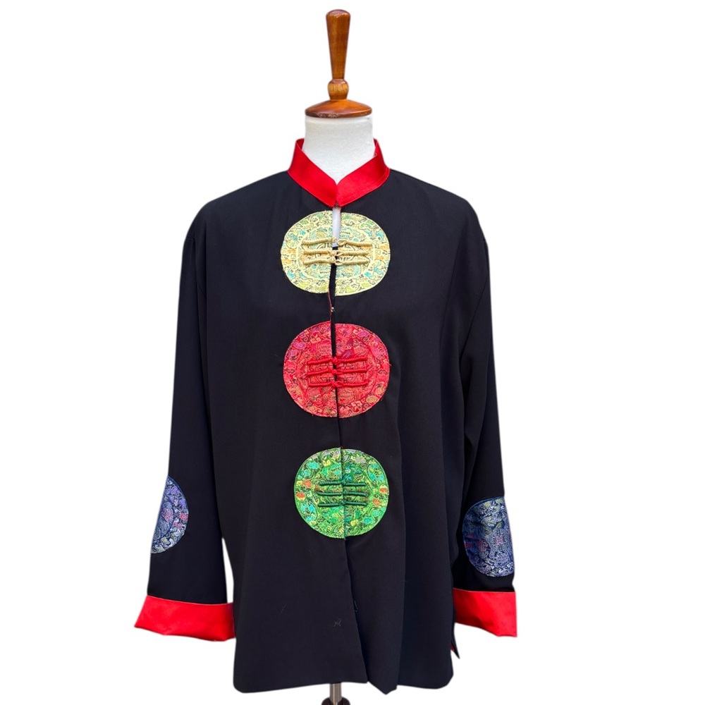 X N 100% Silk Asian Black Jacket Top With Multicolor Brocade Medallion Details